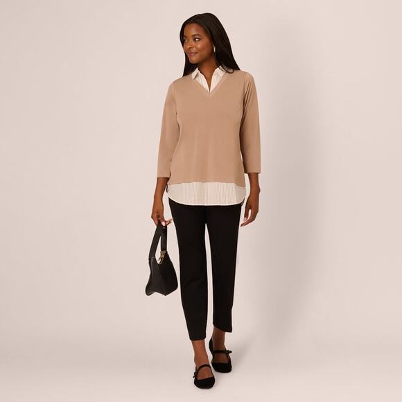 Adrianna Papell Three Quarter Sleeve Sweater Tan Ivory Stripe Top NWT Size L - Picture 2 of 5